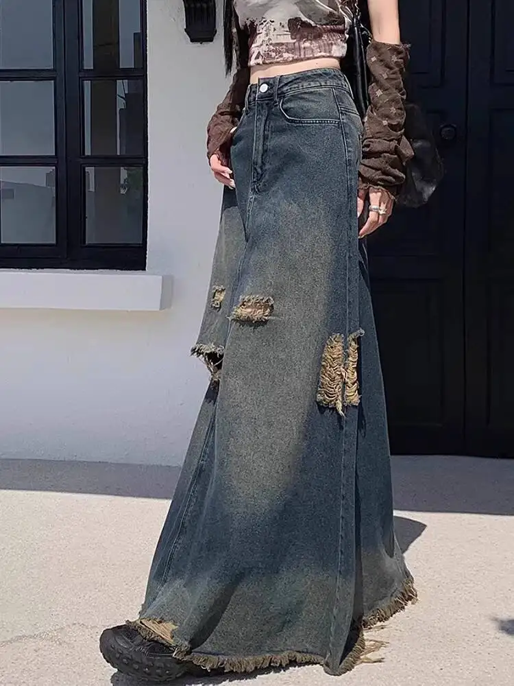 

Plus Size Vintage American Style Denim Skirt Women's Loose Washable Fringed Long Dress Casual Korean Style For Spring