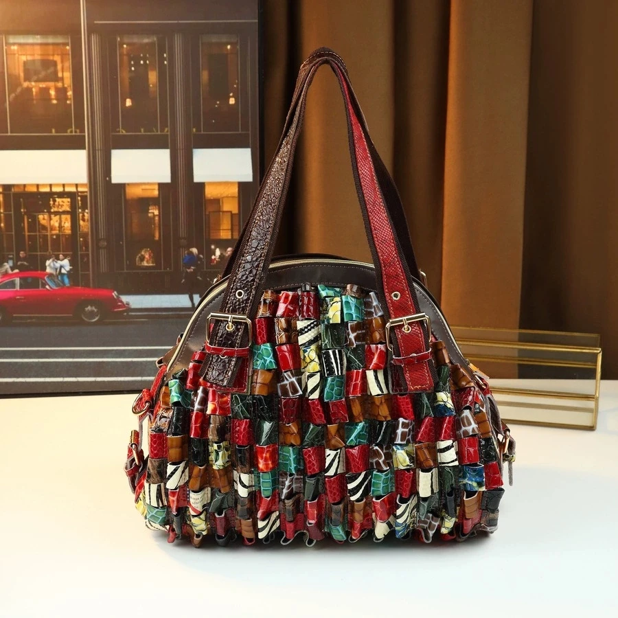 

Colorful Genuine Leather Handbag Women Patchwork Cow Leather Tote Bag Fashion Ladies Shoulder or Crossbody Bags