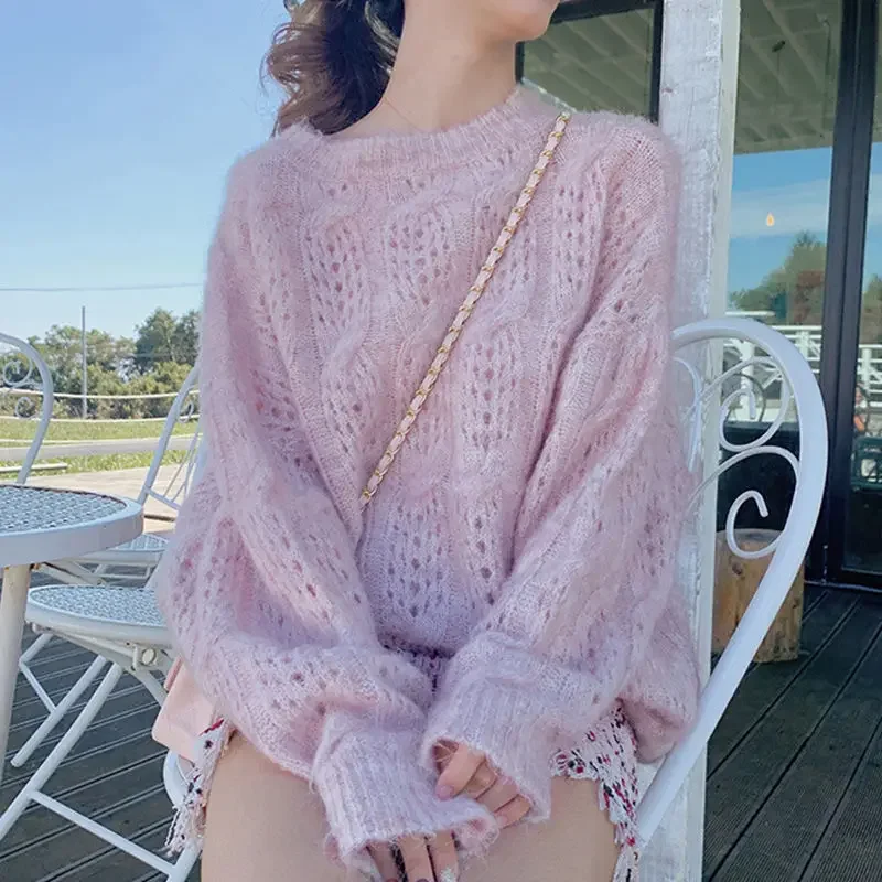 AutumnSweet Pink Women's Sweater Loose-Fit Casual Style Hollow Angora Knitted Top Round Neck Pullover Outer Wear