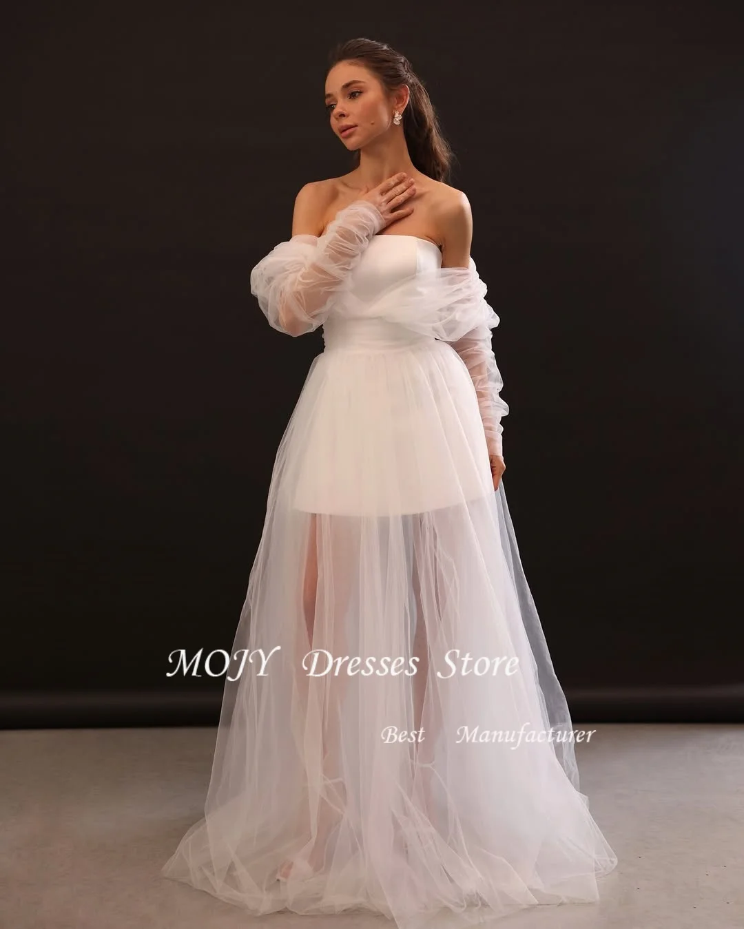 Mojy فستان الزفاف المرأة ألف خط الحبيب قبالة الكتف منتفخ الأكمام عارية الذراعين فستان زفاف Vestidos De Noiva مخصص