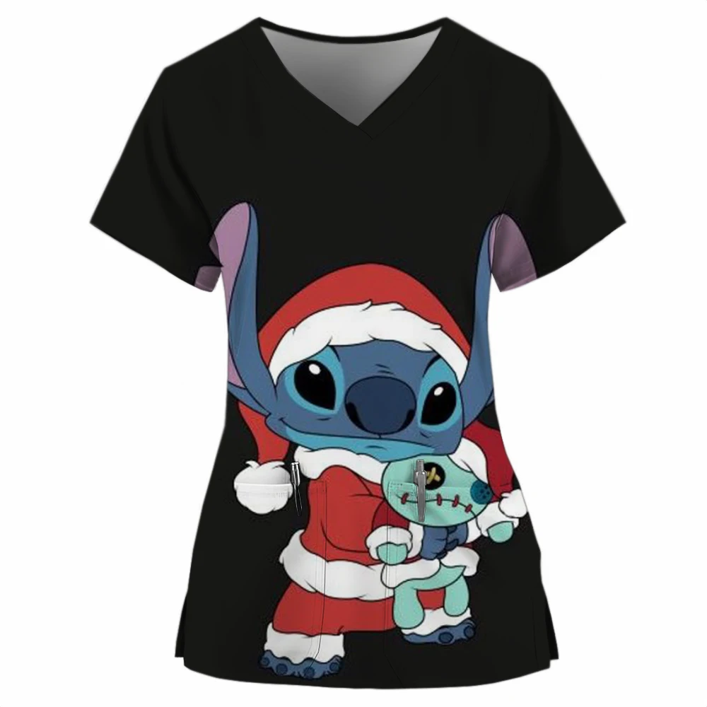 Christmas Hospital Nurse Blouse Disney Stitch Medical Uniforms Women Nursing Scrubs Shirts Midwife Workers Scrubs Top pocket