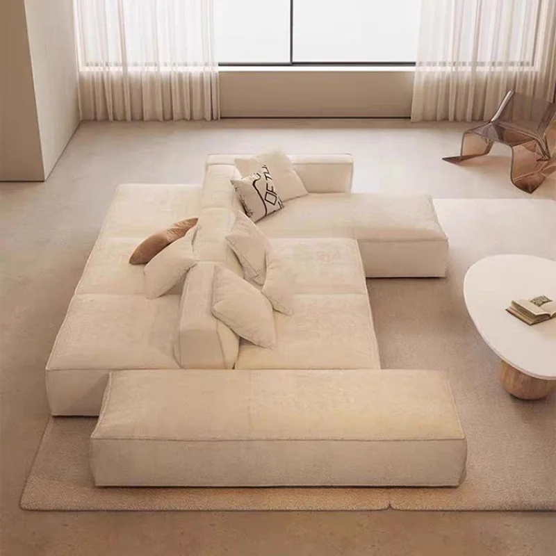 

Cream straight row tofu block combination sofa corner fabric sofa living room double-sided wood