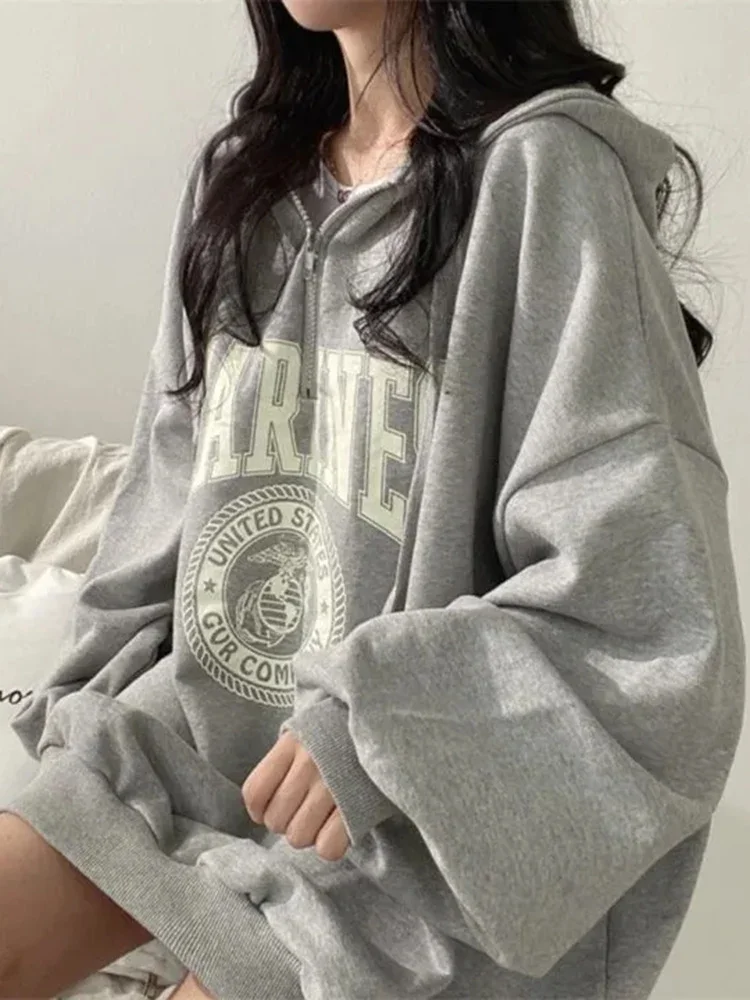 

2024 Harajuku Oversize Bf Hoodies Vintage Lazy Wind Zipper Sweatshirts Women Korean Preppy Style Long Sleeve Letter Pullovers