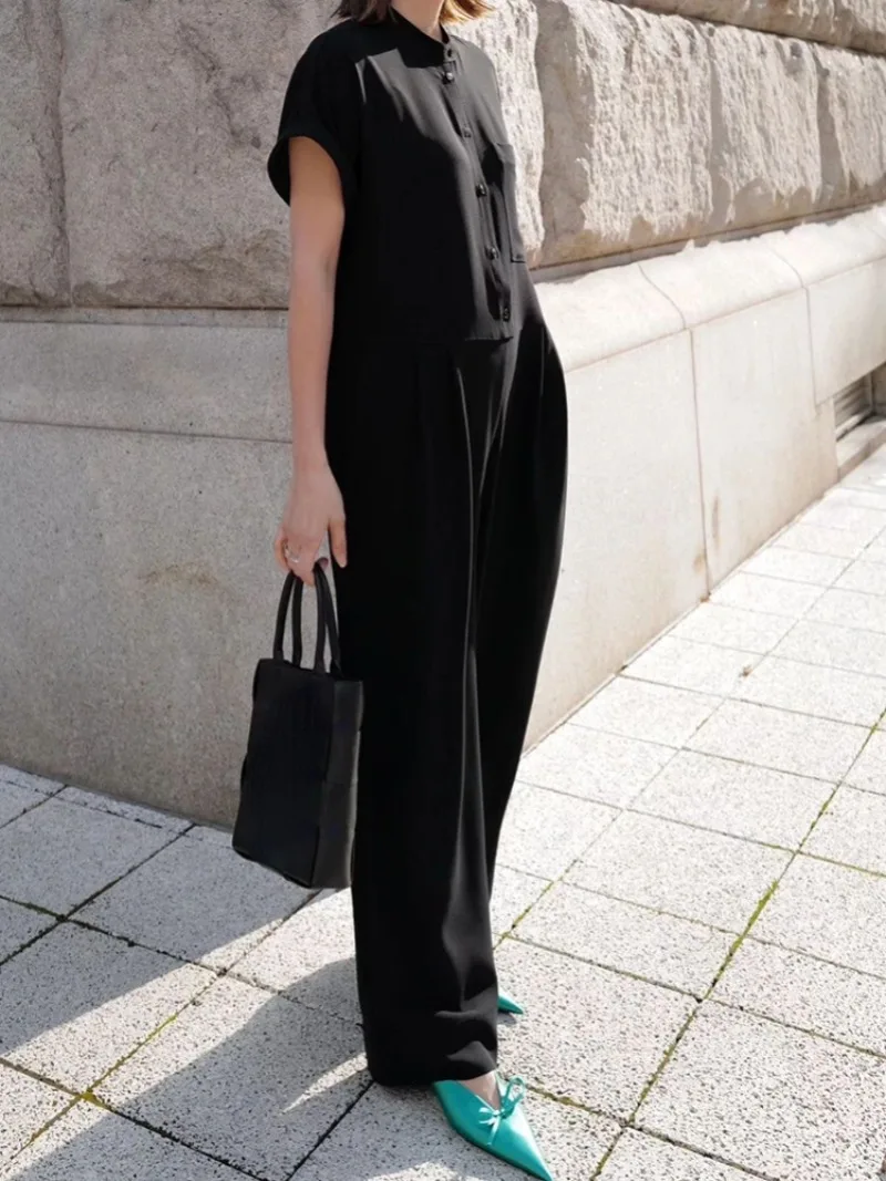 High Waist Pleated Rompers 2025 Spring Summer New Clothing Loose Casual Jumpsuits Wide Leg Pants Japanese Simple Onsie Women