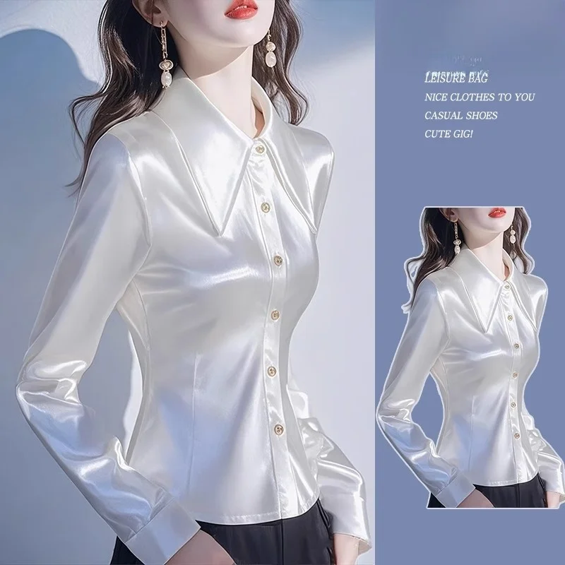 

Ele Long Sve Satin irt Women's Design Sensation Waist-Cinching Unique Autumn Winter Faionable Top Commute Sle