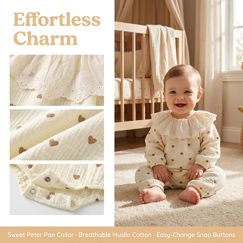 Newborn Baby Girls Sweet Heart Print Jumpsuit Infant Clothes Doll Collar Lace Romper Cotton Daily Photoshoot Bodysuit