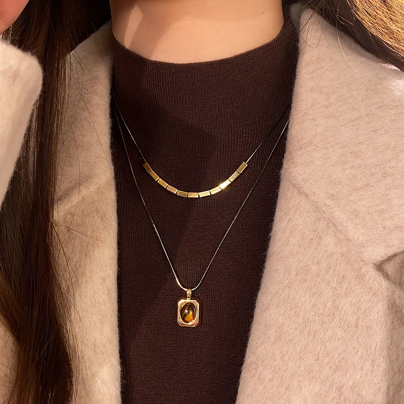 Schwarzgoldfarbene Doppelschichtige Tigerauge-Stein-Anhängerkette für Damen, Herbst-/Winter-Pulloverkette, Schmuckzubehör-Set – Detail 7