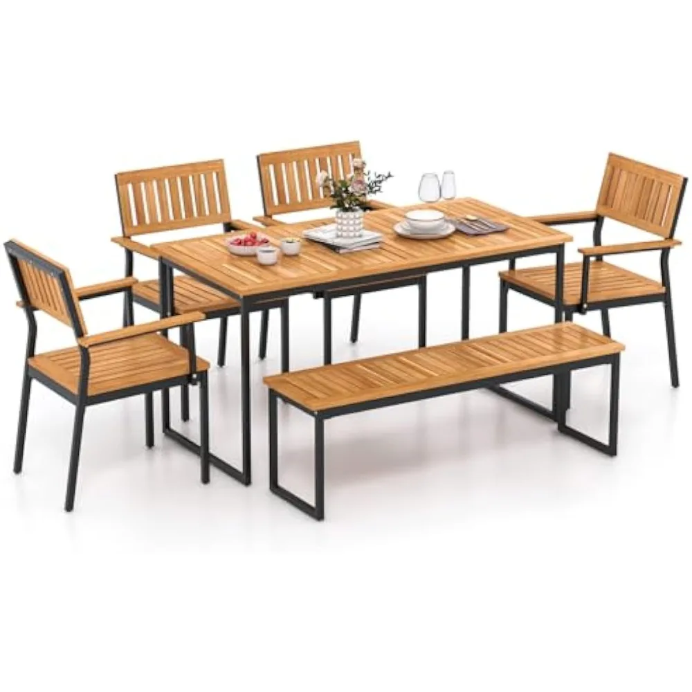 

6-piece outdoor acacia wood dining set with patio table and chairs,including a bench for 6-7 people. Features a 2" umbrella hole