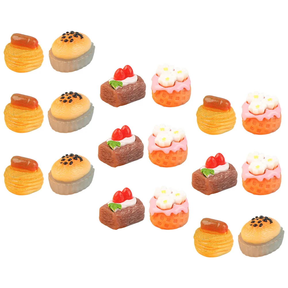 18 ชิ้นจําลองเรซิ่นเค้กเครื่องประดับผลไม้ชุดตกแต่งของเล่นตุ๊กตาเบเกอรี่ห้องครัวฉากเค้ก Miniatures เครื่องประดับ