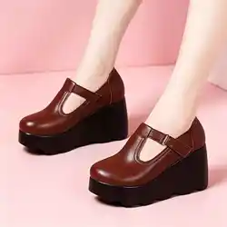 Vintage T-strap Gladiator High Heels 8cm Small Size 32-43 Soft Leather Platform Wedges for Office Mom Soft Leather Women's Shoes
