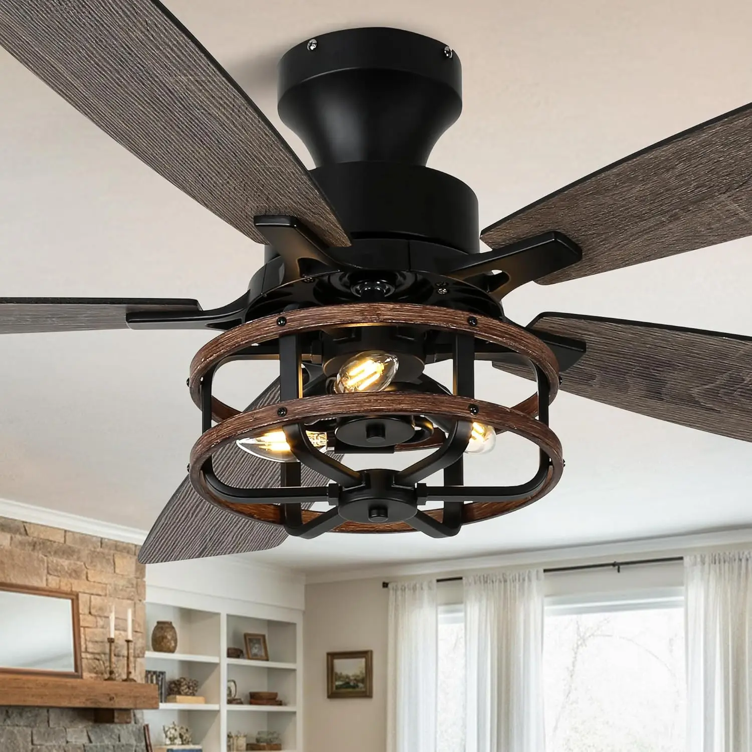 

52" Farmhouse Rustic Ceiling Fan with Lights and Remote, Flush Mount Ceiling Fan Low Profile Caged Fandelier Chandelier, 5 Dual