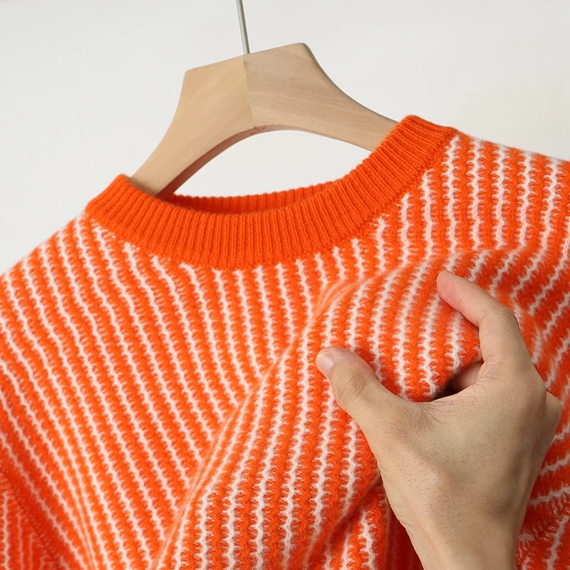 100% Pure Wool Men's Round Neck Striped Sweater Loose Casual Knit Bottoming Cashmere Sweater Thick Warm Top