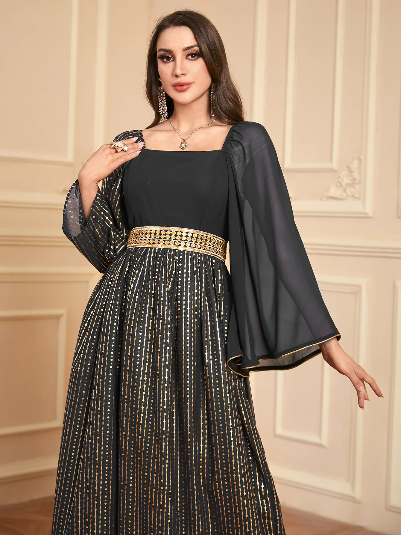 

Luxurious Abaya Modest MiddleEastern Gold-Trimmed Abaya MiddleEast Occasion Embroidered Abaya Ramadan Hijab Compatible