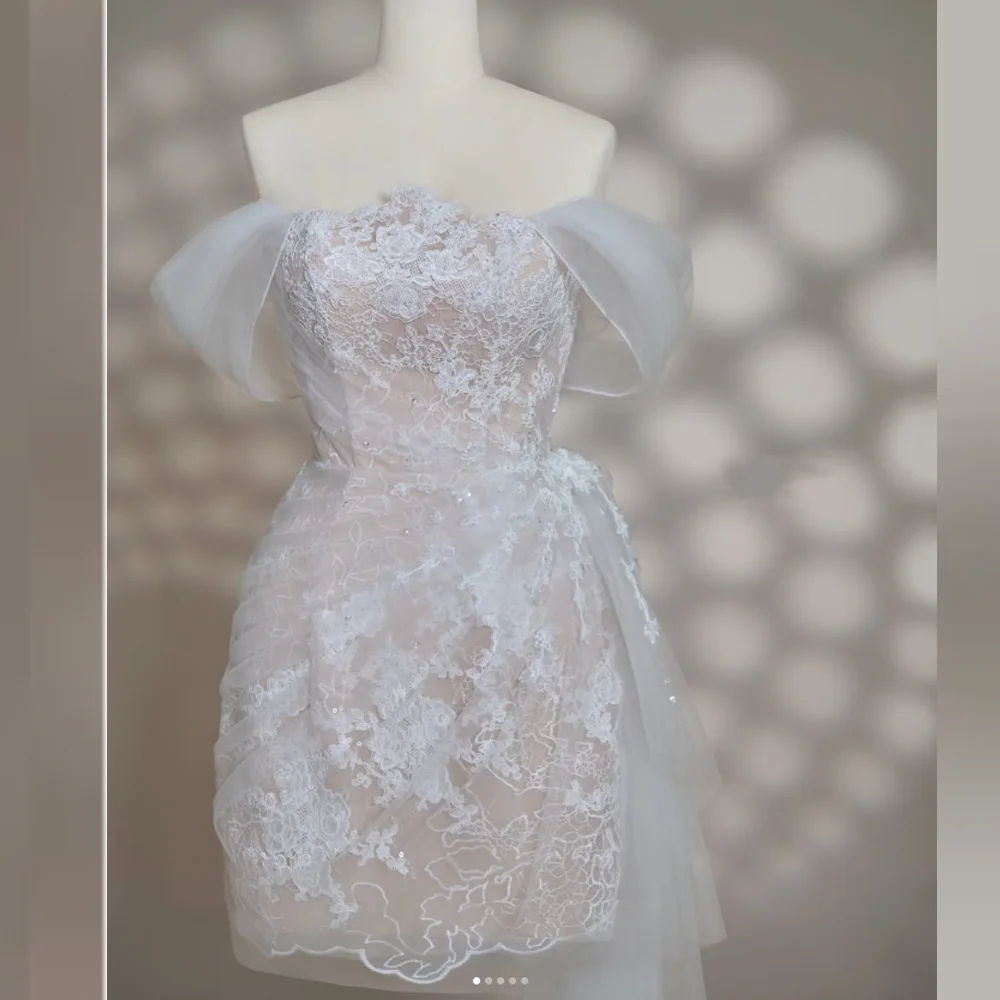 

Custom Elegant White Lace Off Shoulder Short Wedding Evening Dress Corset Back Bridal Reception Dress with Tulle Ruffle Train