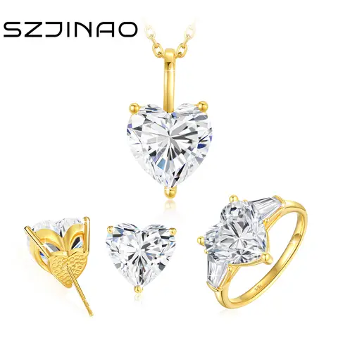 14K 골드 하트 컷 Moissanite 쥬얼리 세트 여성용 반지 귀걸이 목걸이 리얼 K 골드 트렌디 3 피스 약혼 결혼 선물