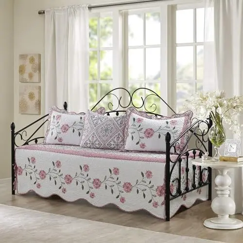 4 Piece Quilted Embroidery Daybed Bedding Cover Set, Soft Lightweight All Season Microfiber Coverlet with Matching