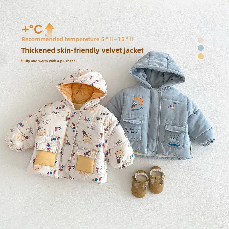 

Children's Cartoon Cotton Jacket 2025 New Winter Girls' Teddy Bear Jacket with Cotton Clip, Boys' Thick Hooded Cotton Jacket