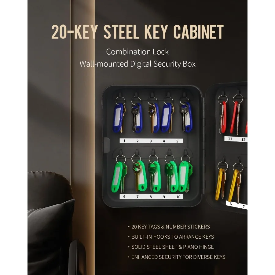20 Position Key Cabinet with Combination Lock Resettable Black Digital Security Storage Box for Home Office or Garage Use Featu