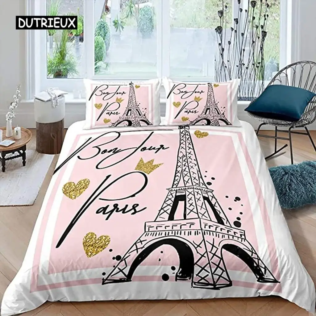 Paris Duvet Cover Set Polyester Paris Theme White Pink Stripe World-Famous Architecture Creativity Double Queen King Quilt Cover