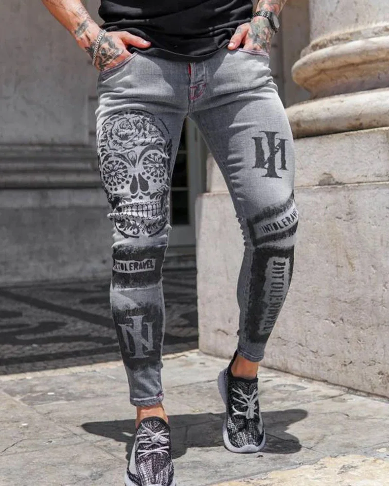 Men Jeans Fashion Slim Fit Pencil Pant Solid Ripped Hole Europe America Denim Zipper Fly Printing Grey Skinny Strech Trousers