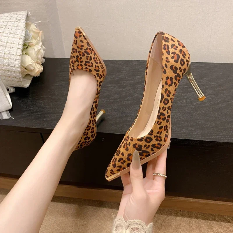 Women's Leopard Print Sexy High Heels Metal Toe Pointed Tip Thin Heels Shallow Mouth Luxury Shoes Leisure Banquet Workplace 2024