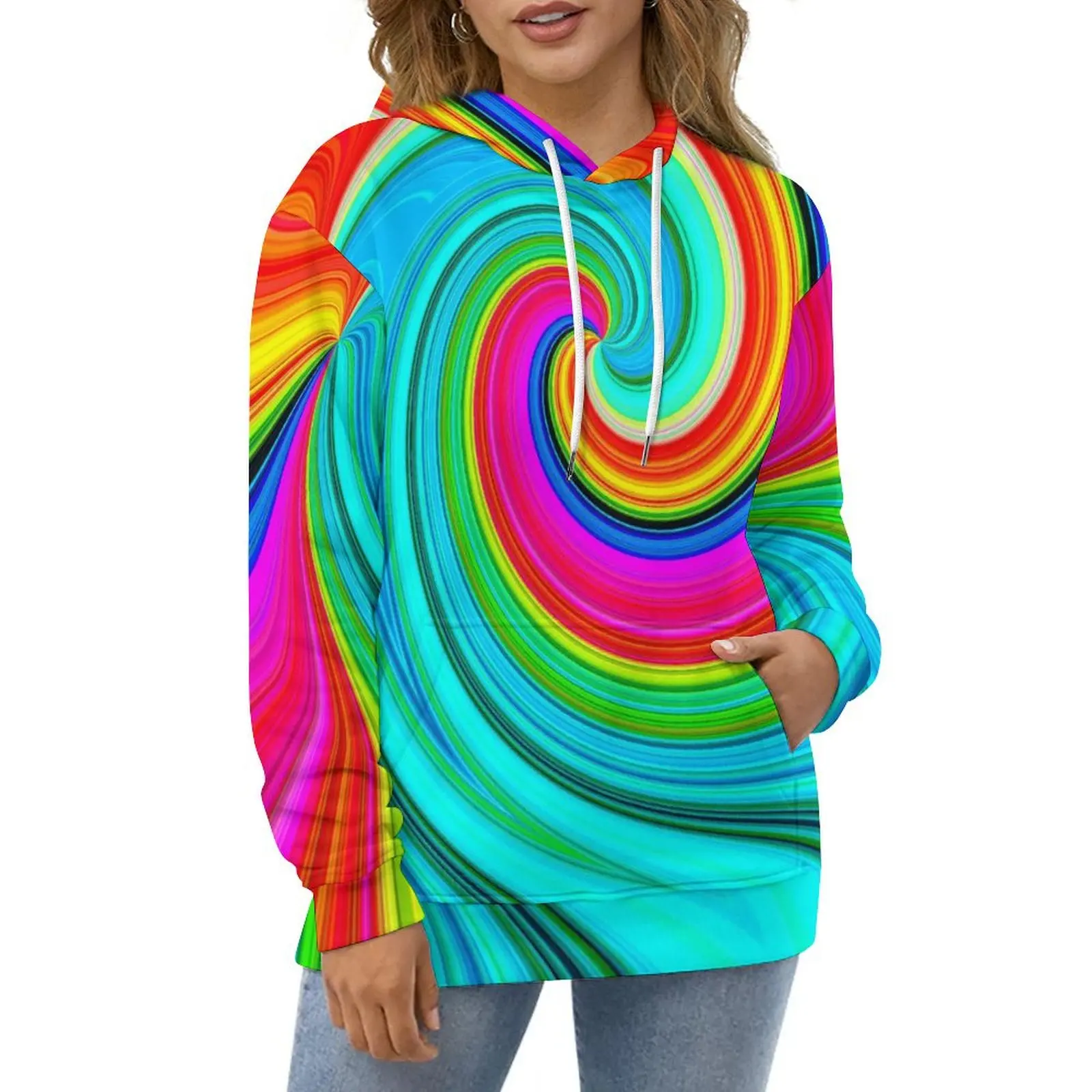 

Reteo Rainbow Casual Hoodies Psychedelic Swirls Elegant Design Loose Hoodie Winter Long Sleeve Street Wear Oversized Clothing