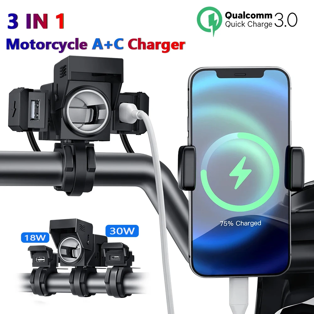 3 IN 1 Motorcycle Car USB Charger Type-C PD QC3.0 Handlebar Fast Charging Waterproof Mounting Bracket Phone Charger