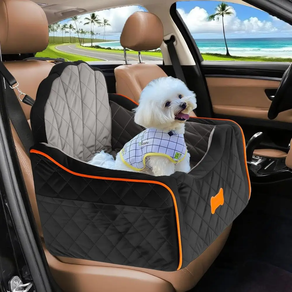 

Portable Washable Pet Car Seat with Safety Belt & Storage Pockets for Small Dogs under 30lbs, Black/Grey