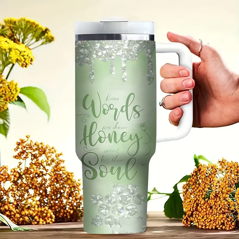 Green 40oz Tumbler with Handle, Queen Bee Honey Theme Print, Suitable for Women, Ideal for Travel Camping Daily Use, Suitable for Both Hot And Cold Drinks