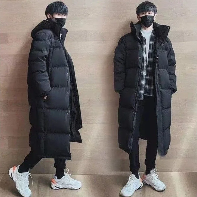 

Men's Long Length Hooded Down Jacket Korean Style Slim Fit Winter Coat for Students Thick Padded and Warm