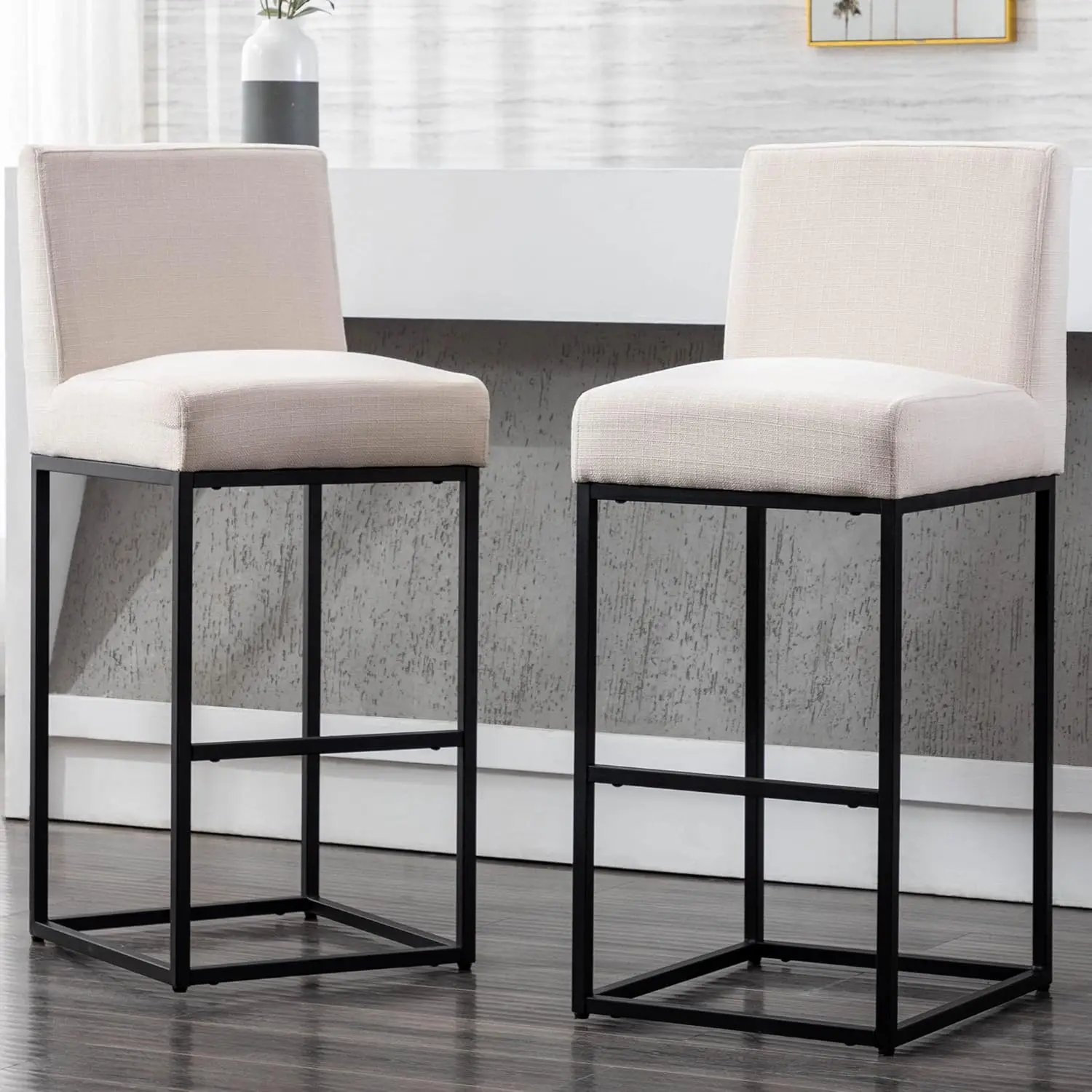 Linen 31 Inches Bar Height Bar Stools With Padded Back, Modern Upholstered Bar Stool Chairs With Black Metal Frame, Customized