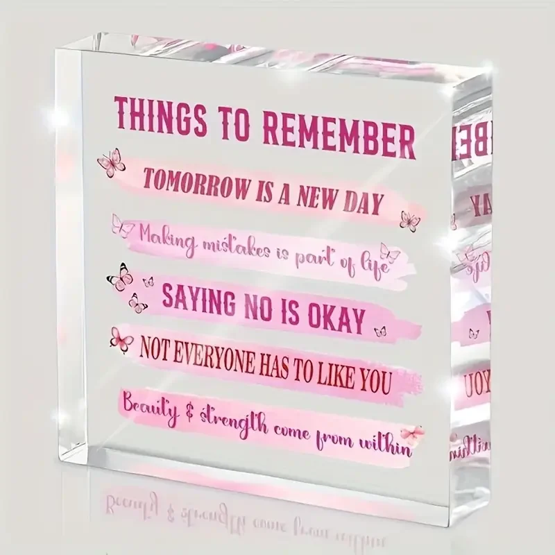 2D Flat, Things to Remember Positive Affirmations Desk Decor - Pink & Clear Motivational Office Decoration with Self-Esteem