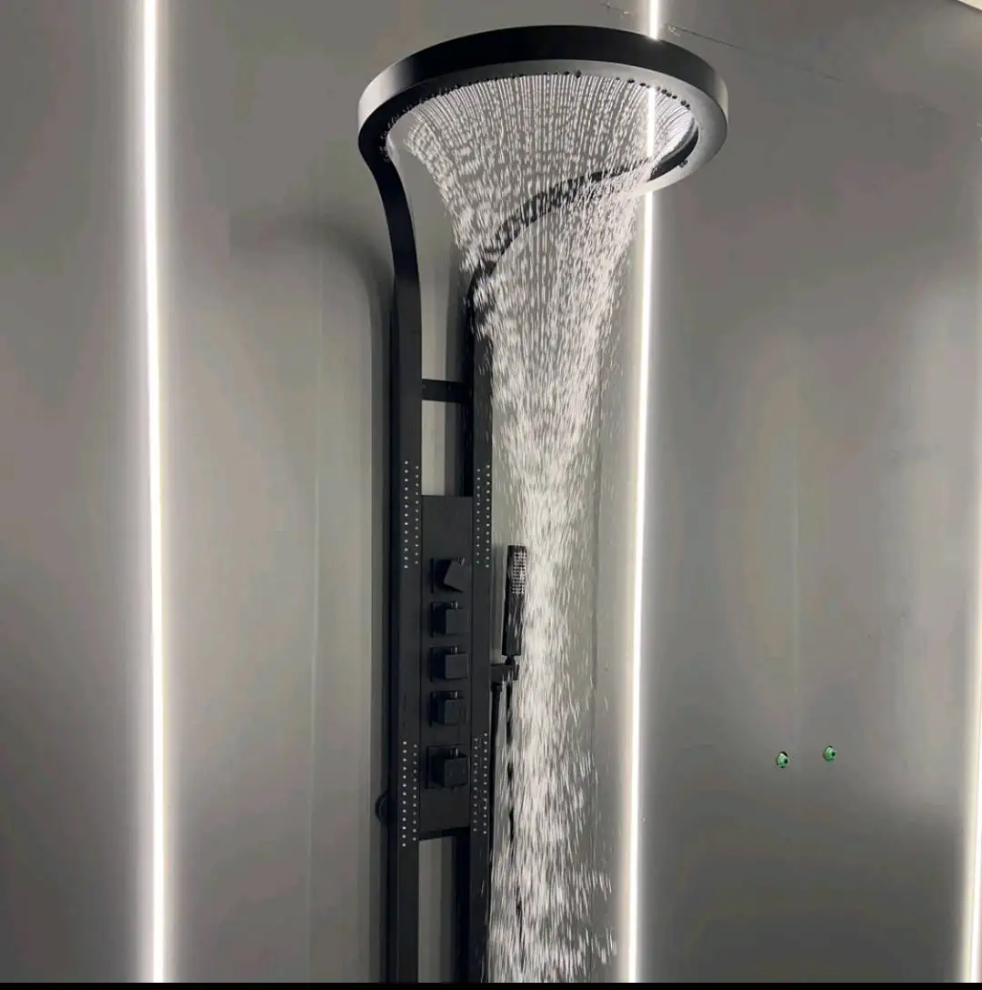 2023 tiktok  hot sale black brass copper wall mounted multifunction bathroom waterfall rainfall shower head set system panel