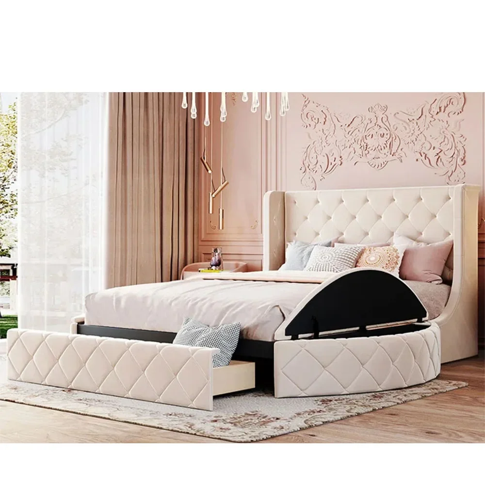 

round beige velvet wooden with storage Spring coil twin queen king full size storage bed and foam mattress