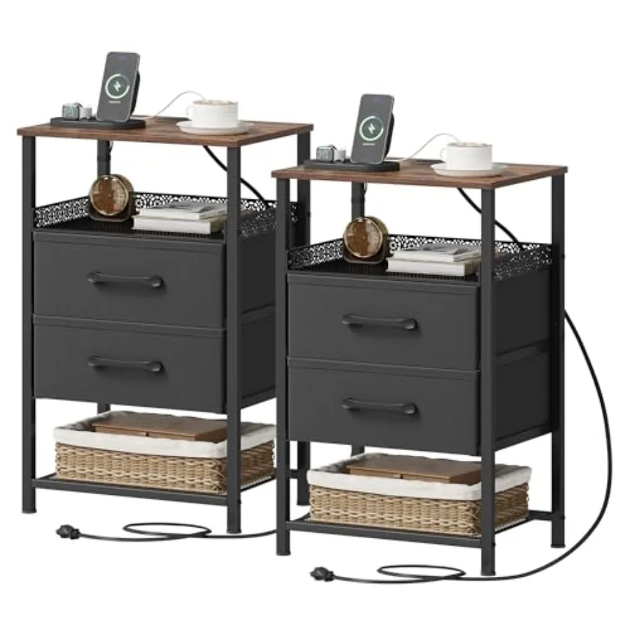 

Nightstand Set of 2 with Charging Station 26.4 Inch Tall Bedside Tables with Metal Shelf 2 Fabric Drawers Rustic Brown for Bedr