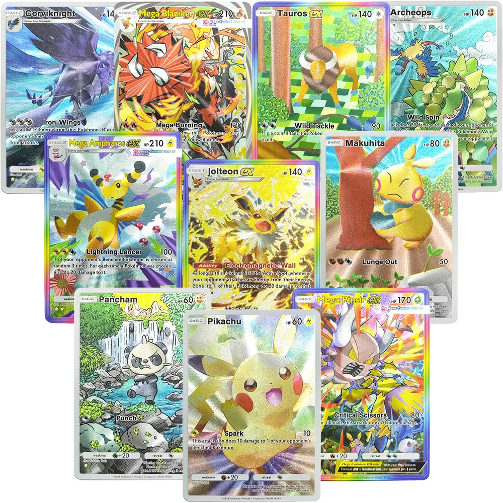 

Набор из 11 коллекционных карточек TCG Pocket на английском языке: Джолтеон, Амфарос, Панчам, Макухита, Хиппоудон, Пинсир, Блазикен. Игровые карточки-флеш-карты.