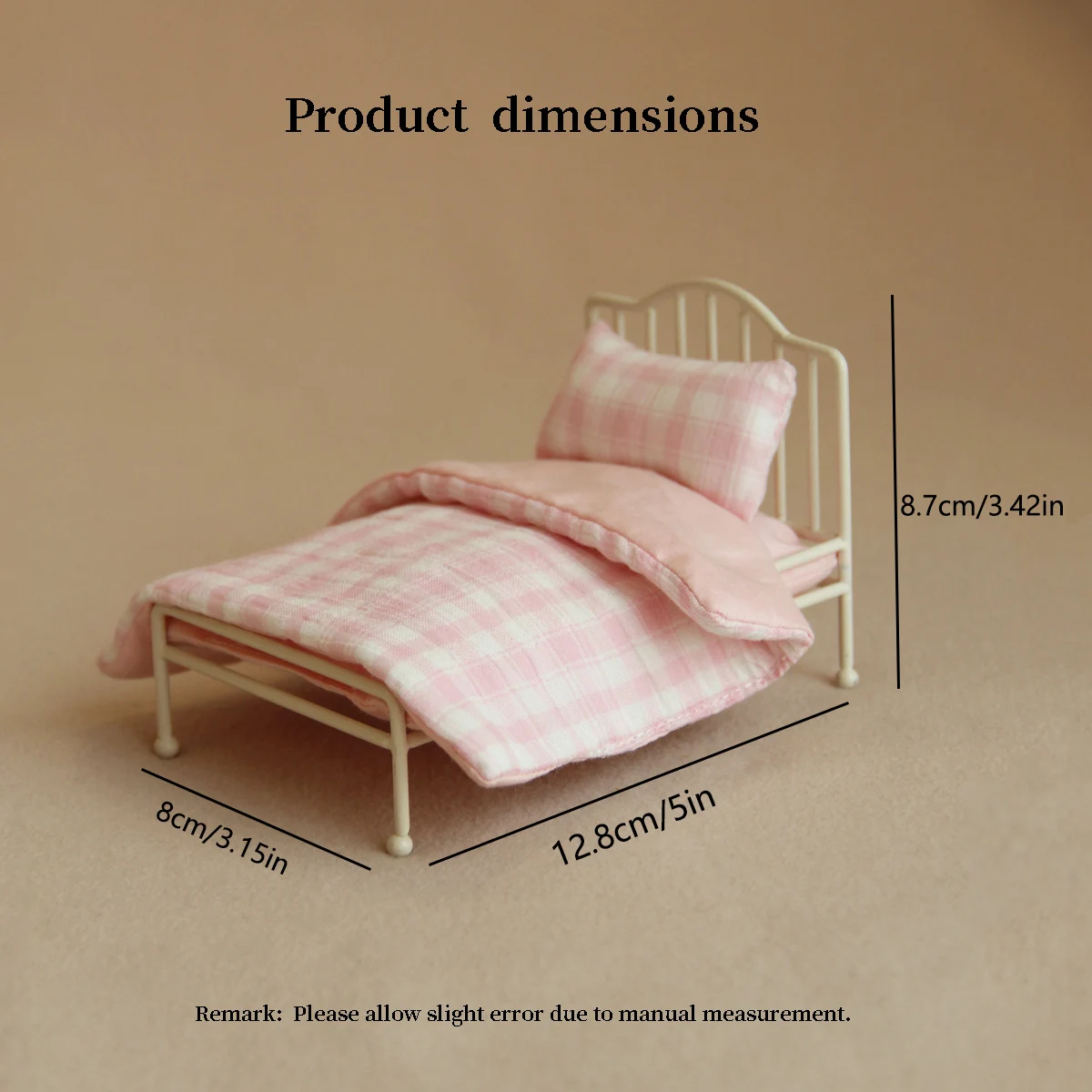 1:12 Miniature Simulated Wrought Iron Bed with Pink Bedding Set of 3 Pieces, Suitable for Mini House Decoration