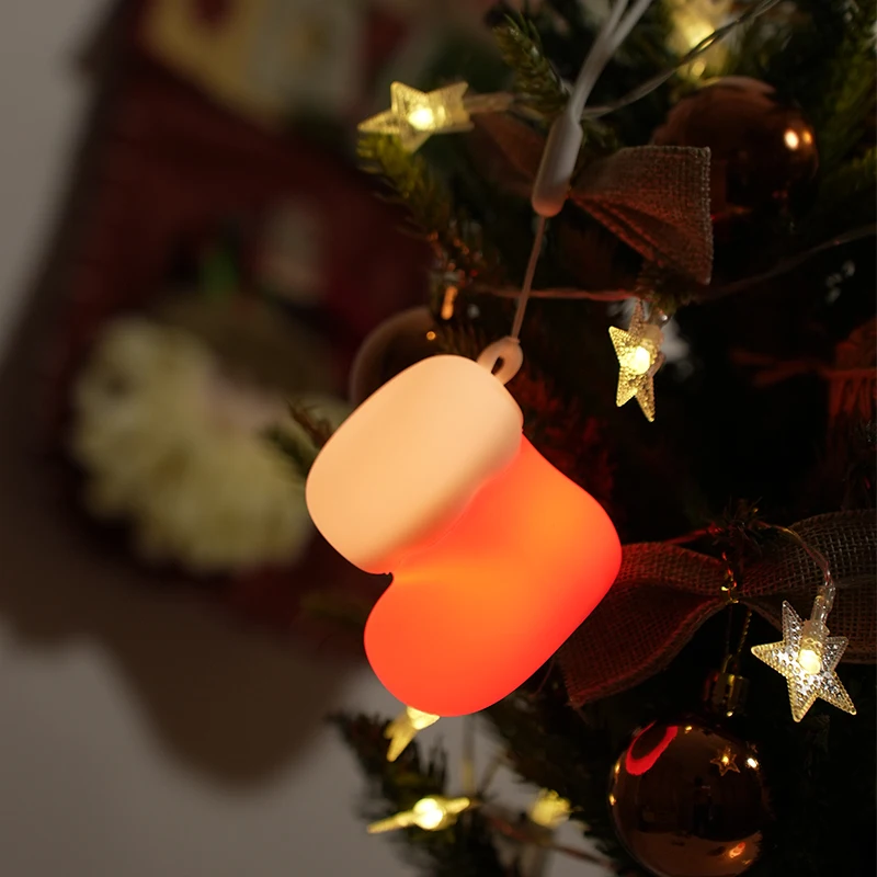 Christmas Stocking Silicone Hanging Ornament USB Rechargeable LED Night Light Xmas Decor Kids Bedroom Mood Lamp Gift