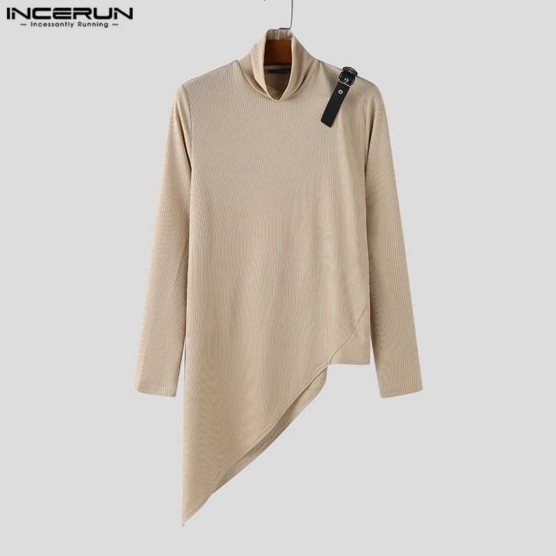 

INCERUN Men Irregular T Shirts Patchwork Knitted Turtleneck Long Sleeve Men Clothing Streetwear 2025 Casual Male Tee Tops S-5XL