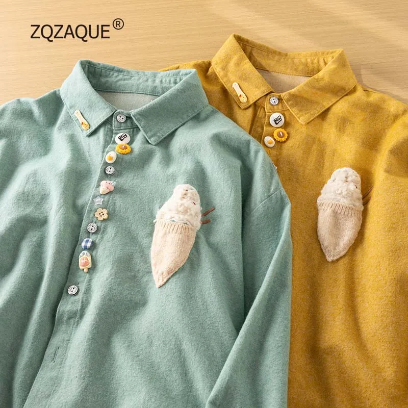 New High Quality Sweet Shirts for Women Fashion Unique Design Long Sleeve Ice Cream Decor Soft Tops with Pocket Nice Blouse S084