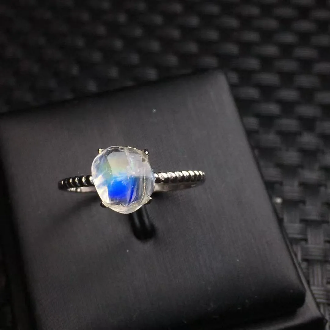 1 Pc Fengbaowu Natural Rainbow Blue Moonstone Ring Irregular Shape Stone 925 Sterling Silver Jewelry For Women Men