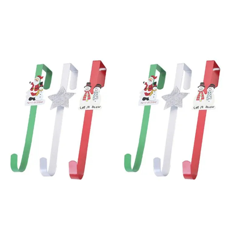 A01F-6 Pcs 12 Inch Christmas Wreath Hangers Cartoon Over The Door Hooks Winter Snowmen Santa Star Front Door Hangers