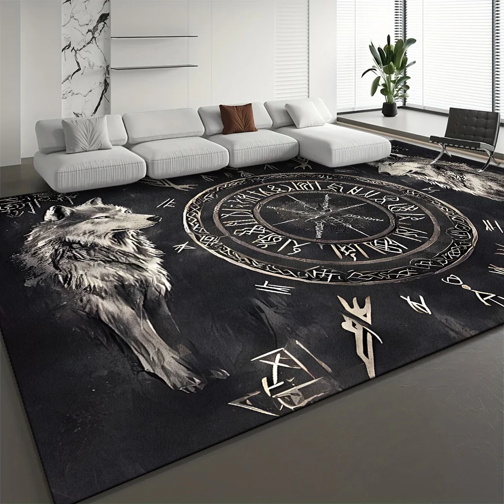 1pc Vintage Double Wolf Rune Pattern Area Rug, Washable, Non‑Slip, Soft Comfortable, Versatile Home Decor, Perfect For Indoor