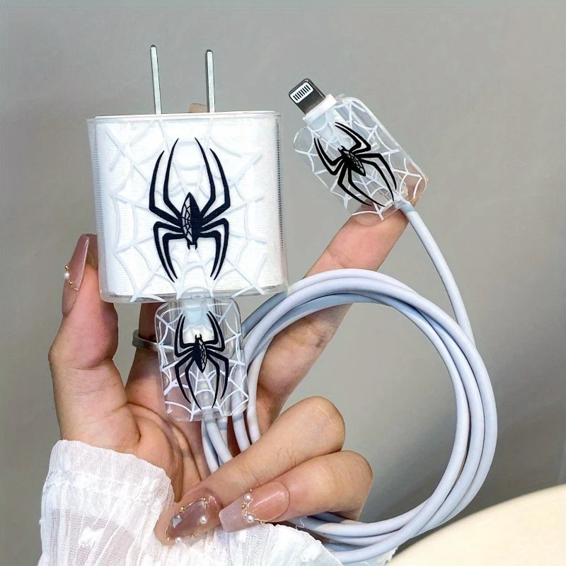 Durable TPU Spider Pattern Charger & Cable Protector Set for IPhone 20W Adapter - Port Protection, Ideal Gift, No Battery