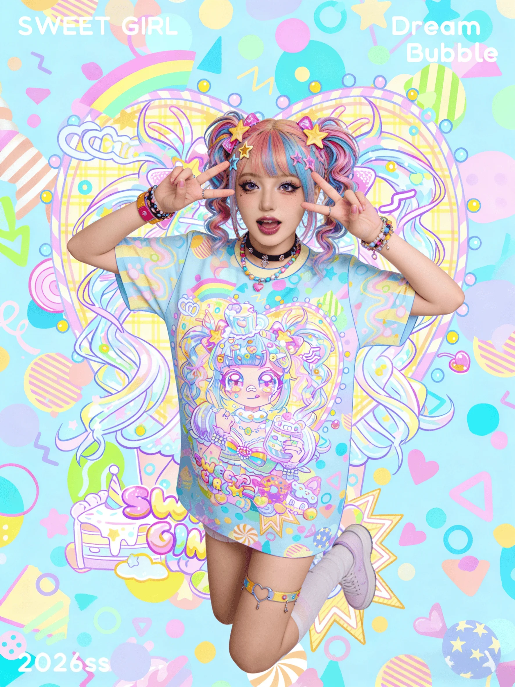 Sweet Girl Limited Edition Macaron Colorful Candy Contrast Full Print T-shirt Y2k Summer Harajuku Style Children/Adult Oversized