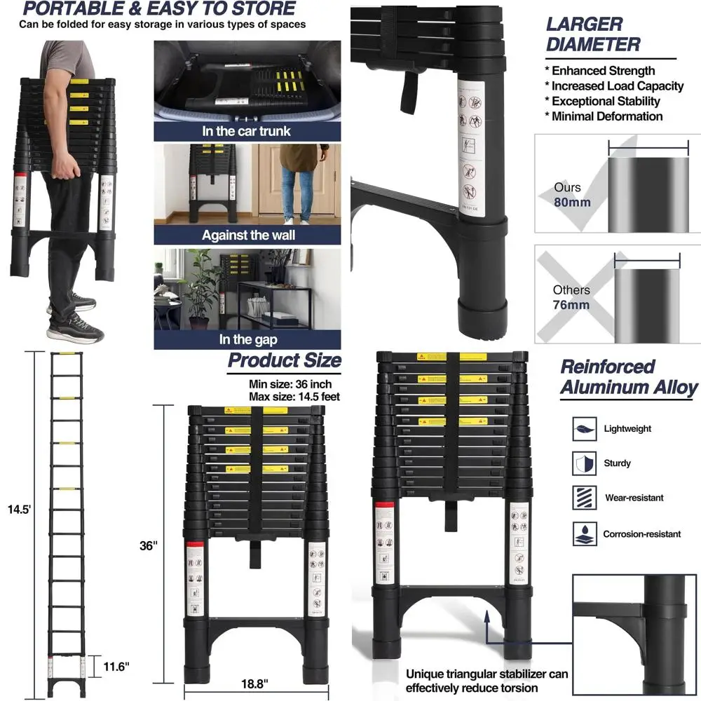 

14.5 FT Aluminum Telescoping Ladder, Lightweight Multi-Purpose Collapsible Extension with 2 Triangle Stabilizers, Heavy Duty 330