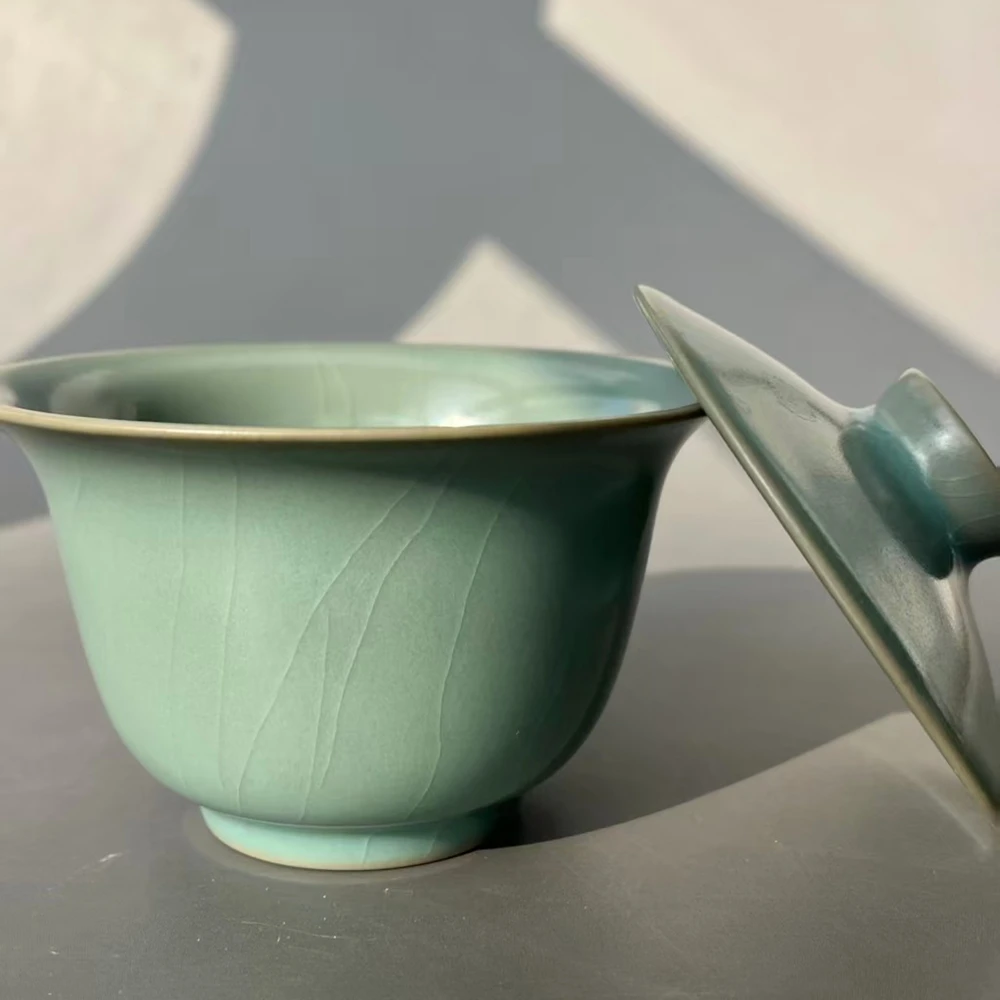 Ru Porcelain Genuine Antique Glaze Two Talents Yuan Bao Tureen Thin Body Handmade Nail Support Firing Crackle Effect Gai Wan