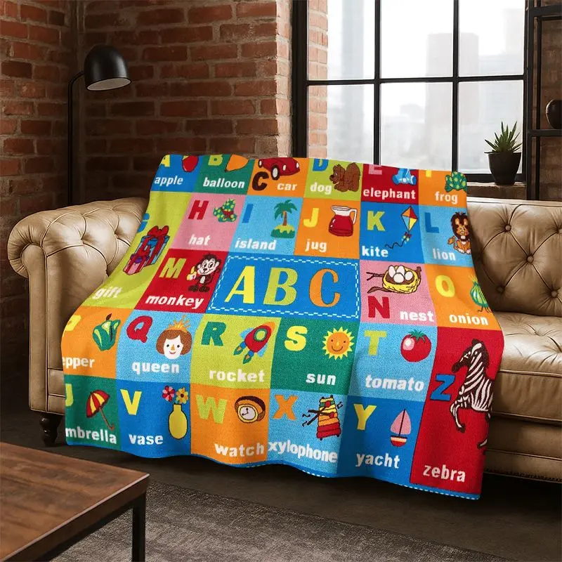 Alphabet ABC Early Education Cartoon Flannel Blanket Soft Warm Blanket Throw Blanket for Bedroom Living Room Bed Travel Camping