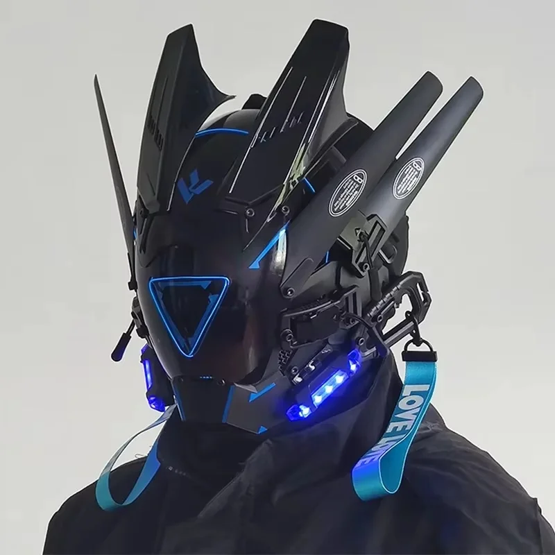 Cyberpunk kask Shinobi maska robot maska samurajska Cosplay Techwear Cyber Punk Hi-tech kask zbroja futurystyczna zabawka ze światłem LED