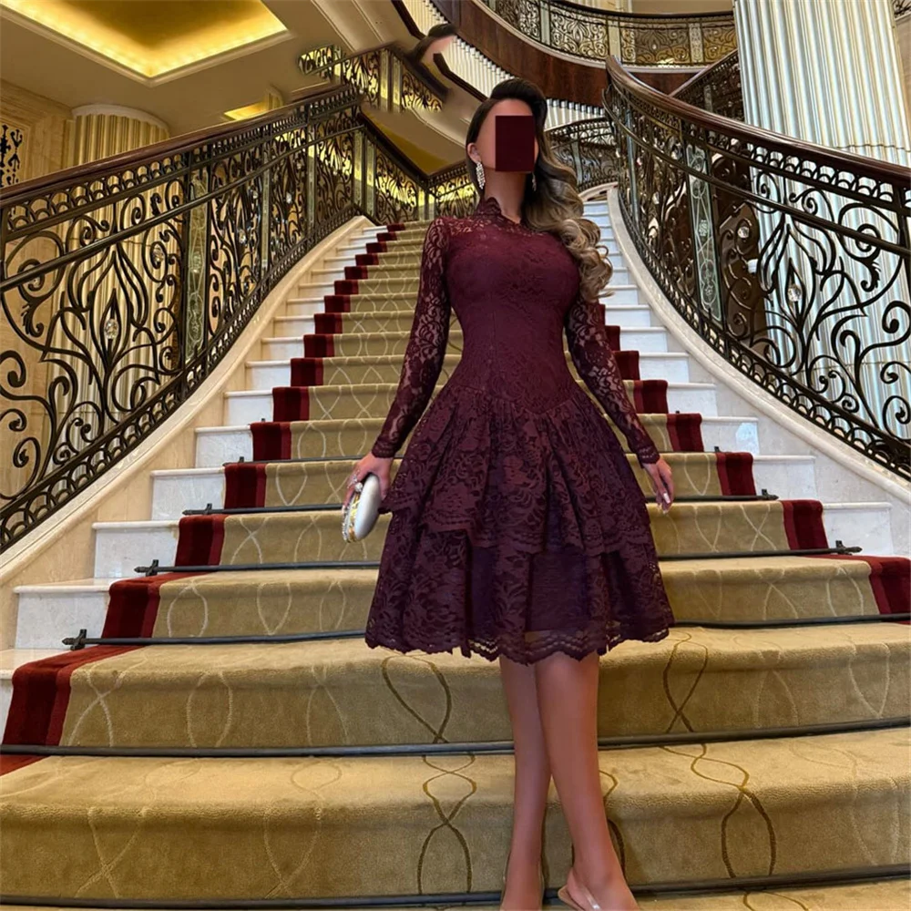 

ROYET Lace Applique High Neck Long Sleeve Luxury Evening Dress Knee Length Classic Elegant Prom Gown For Woman Customized New